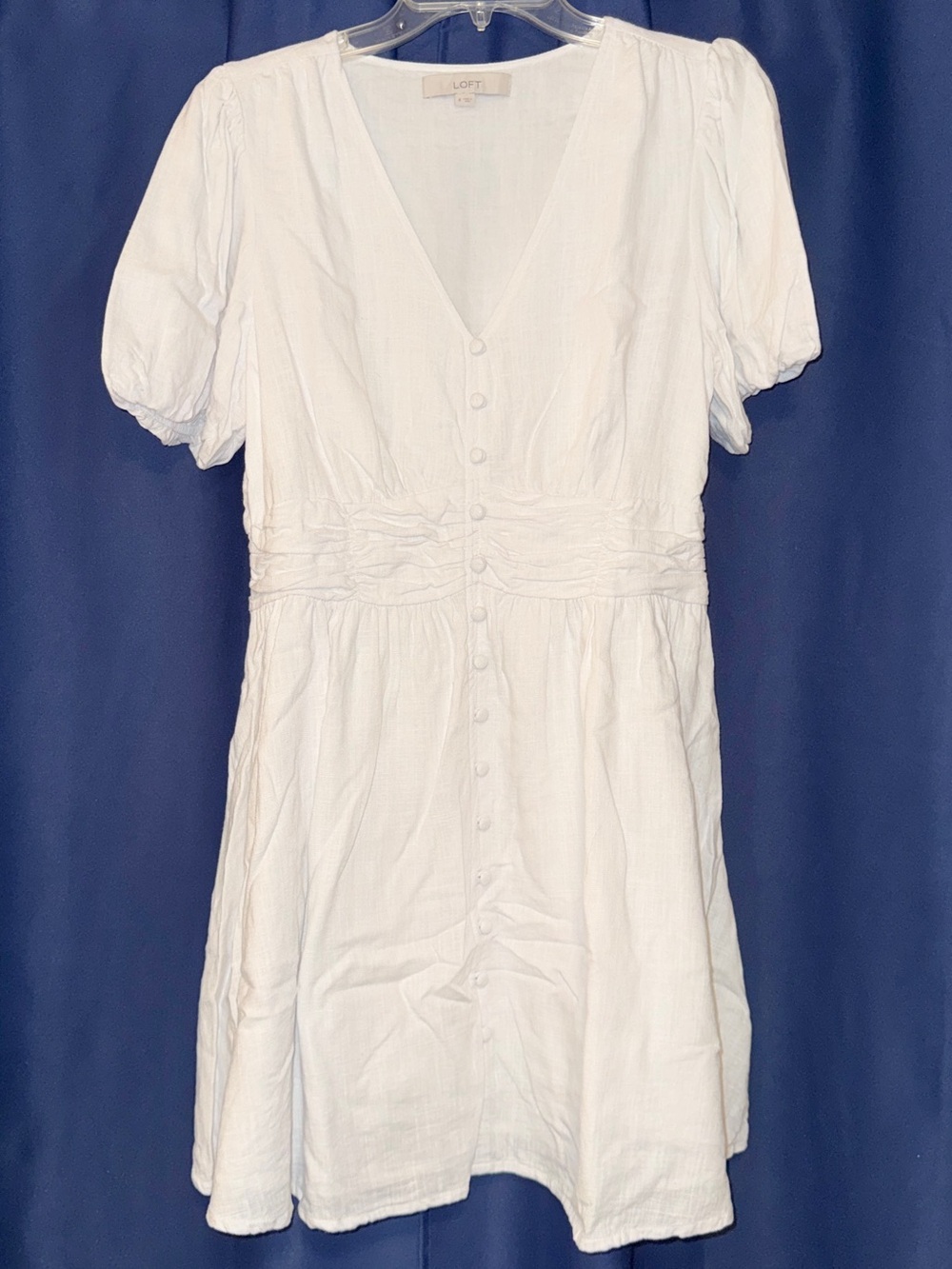 LOFT White Button-Front Puff Sleeve Dress